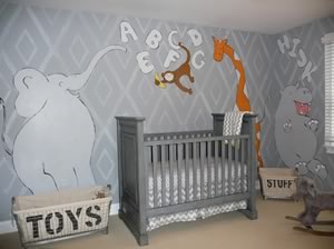 contemporary gray nursery, stencil worlk and jungle mural